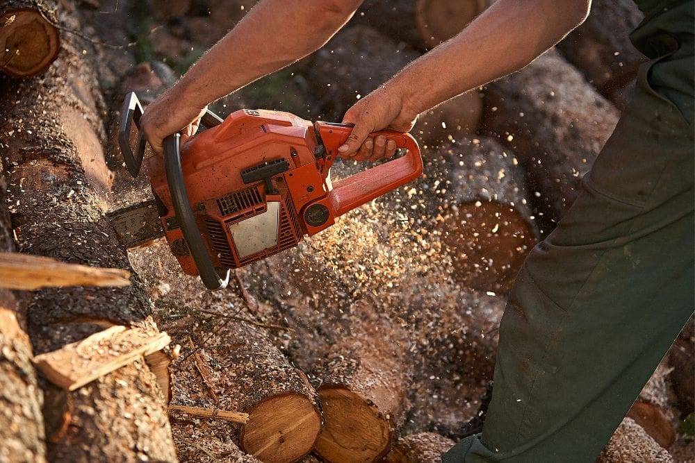 Person using a chainsaw to cut logs, surrounded by sawdust, illustrating professional tree cutting services in Ashland, VA.